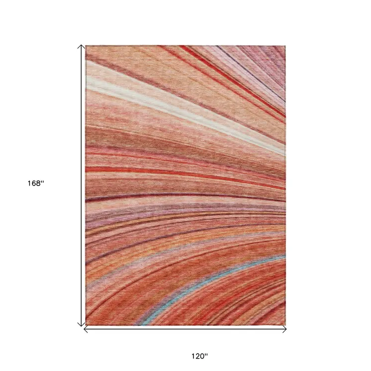 10' X 14' Terra Cotta Salmon And Orange Striped Washable Indoor Outdoor Area Rug