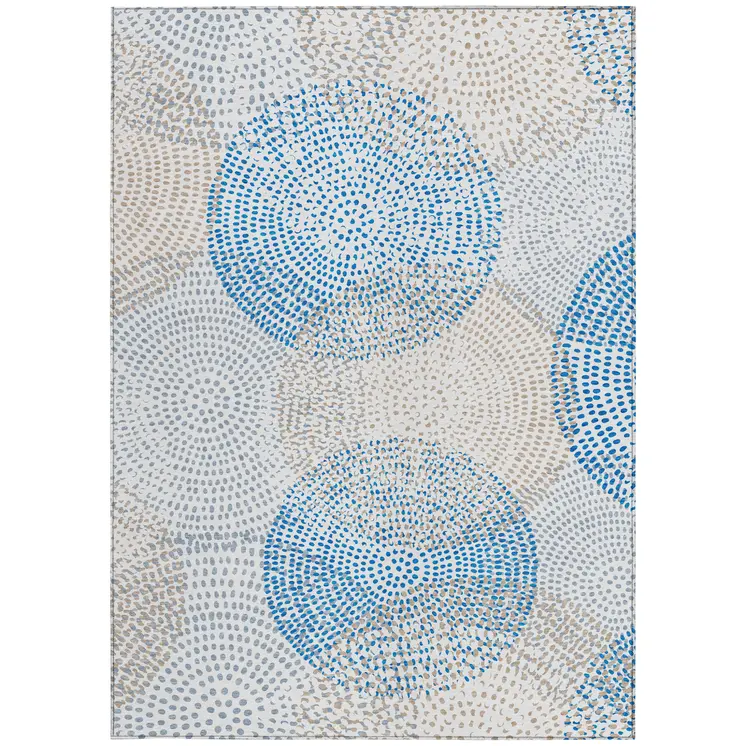 5' X 8' Ivory Blue And Taupe Polka Dot Washable Indoor Outdoor Area Rug
