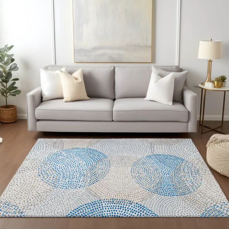 5' X 8' Ivory Blue And Taupe Polka Dot Washable Indoor Outdoor Area Rug