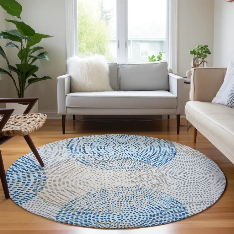 8' Ivory Blue And Taupe Round Polka Dot Washable Indoor Outdoor Area Rug