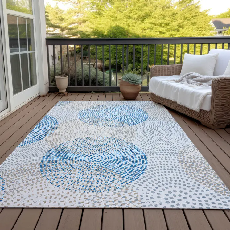 8' X 10' Ivory Blue And Taupe Polka Dot Washable Indoor Outdoor Area Rug