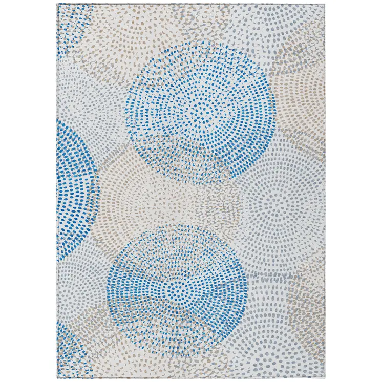 8' X 10' Ivory Blue And Taupe Polka Dot Washable Indoor Outdoor Area Rug