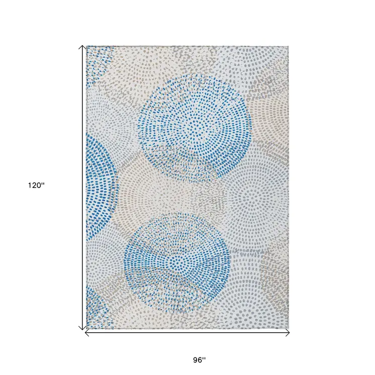 8' X 10' Ivory Blue And Taupe Polka Dot Washable Indoor Outdoor Area Rug