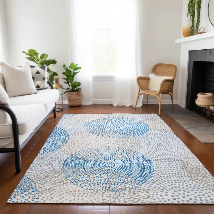 9' X 12' Ivory Blue And Taupe Polka Dot Washable Indoor Outdoor Area Rug