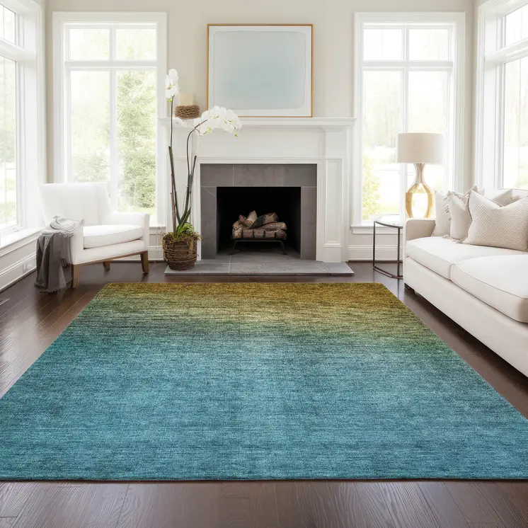 3' X 5' Brown Blue And Taupe Ombre Washable Indoor Outdoor Area Rug