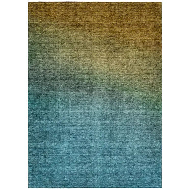 10' X 14' Brown Blue And Taupe Ombre Washable Indoor Outdoor Area Rug