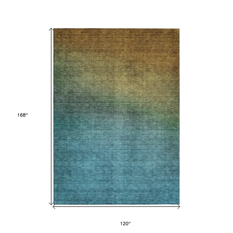 10' X 14' Brown Blue And Taupe Ombre Washable Indoor Outdoor Area Rug