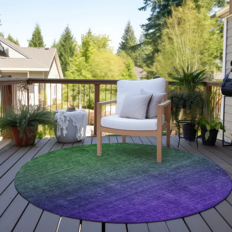 8' Green Purple And Charcoal Round Ombre Washable Indoor Outdoor Area Rug