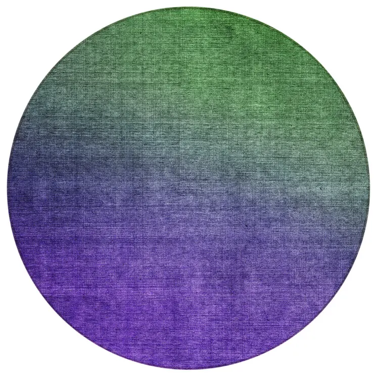 8' Green Purple And Charcoal Round Ombre Washable Indoor Outdoor Area Rug