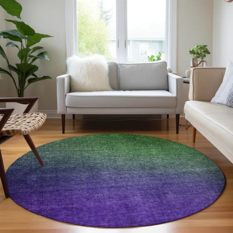 8' Green Purple And Charcoal Round Ombre Washable Indoor Outdoor Area Rug