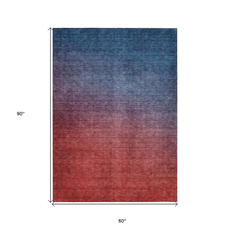 5' X 8' Navy Blue Red And Eggplant Ombre Washable Indoor Outdoor Area Rug