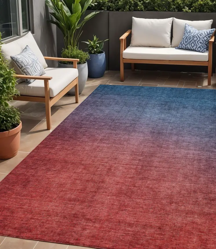 5' X 8' Navy Blue Red And Eggplant Ombre Washable Indoor Outdoor Area Rug