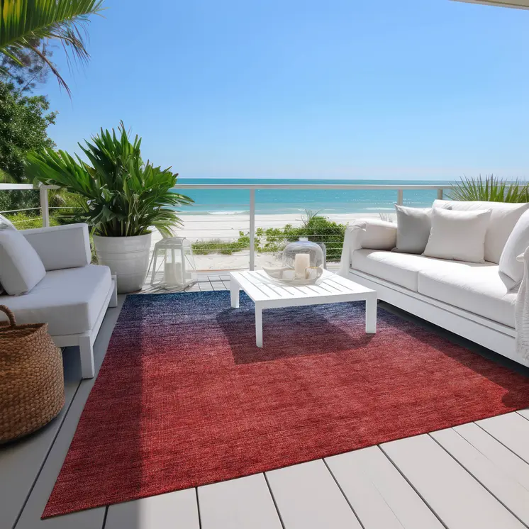5' X 8' Navy Blue Red And Eggplant Ombre Washable Indoor Outdoor Area Rug