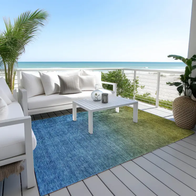 3' X 5' Olive Green Blue And Navy Blue Ombre Washable Indoor Outdoor Area Rug
