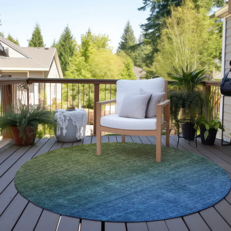 8' Olive Green Blue And Navy Blue Round Ombre Washable Indoor Outdoor Area Rug