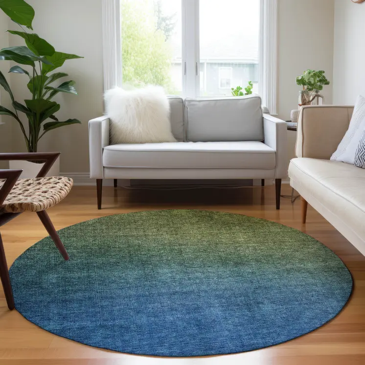 8' Olive Green Blue And Navy Blue Round Ombre Washable Indoor Outdoor Area Rug