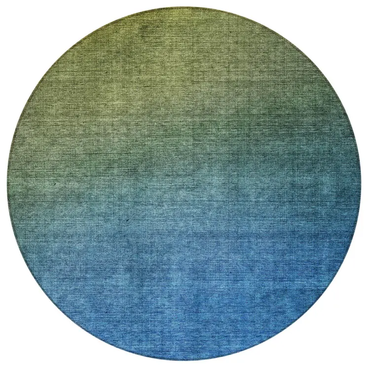 8' Olive Green Blue And Navy Blue Round Ombre Washable Indoor Outdoor Area Rug