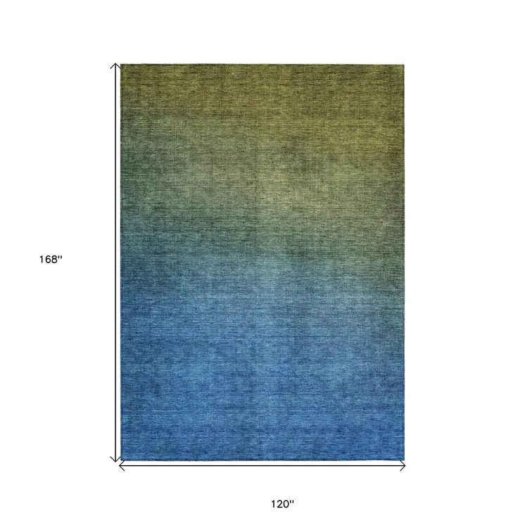 10' X 14' Olive Green Blue And Navy Blue Ombre Washable Indoor Outdoor Area Rug