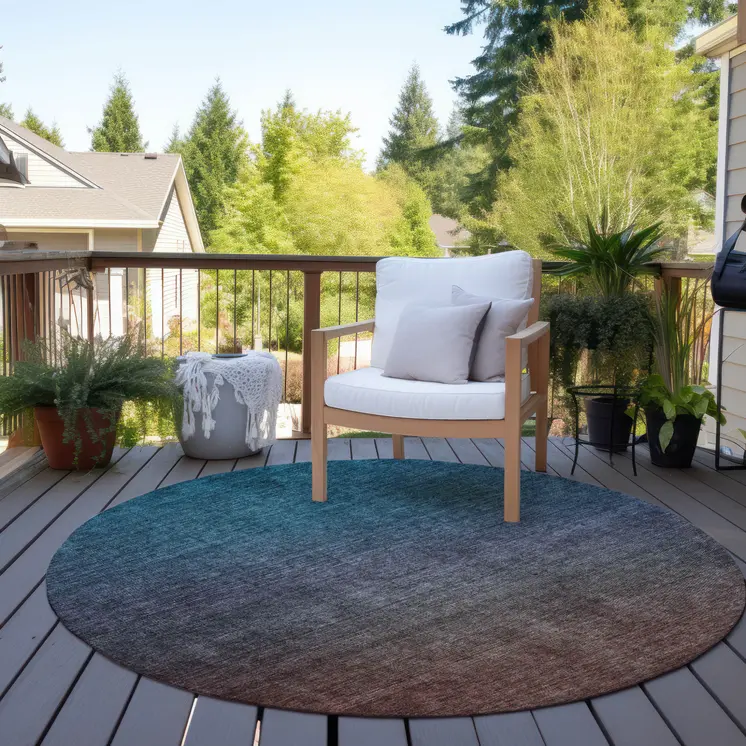 8' Teal Blue Chocolate And Charcoal Round Ombre Washable Indoor Outdoor Area Rug