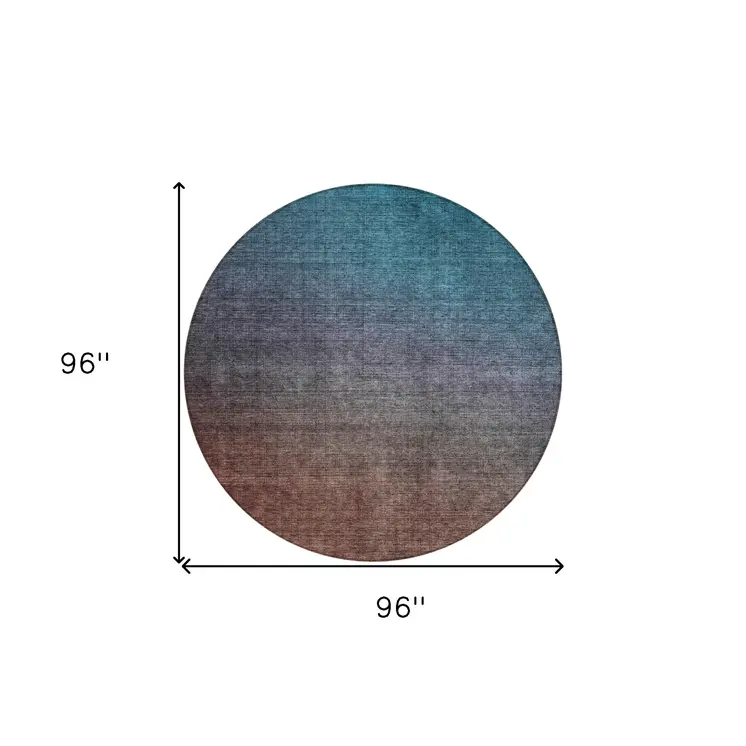 8' Teal Blue Chocolate And Charcoal Round Ombre Washable Indoor Outdoor Area Rug