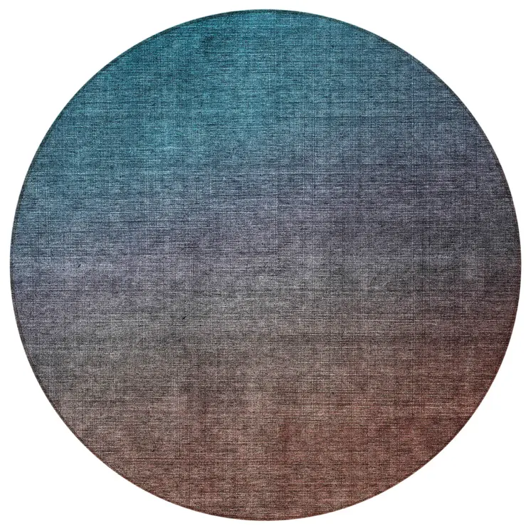 8' Teal Blue Chocolate And Charcoal Round Ombre Washable Indoor Outdoor Area Rug