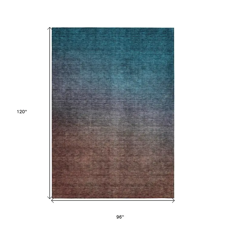 8' X 10' Teal Blue Chocolate And Charcoal Ombre Washable Indoor Outdoor Area Rug