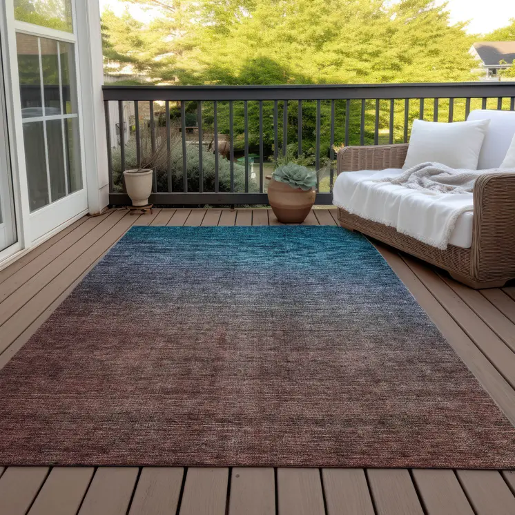 9' X 12' Teal Blue Chocolate And Charcoal Ombre Washable Indoor Outdoor Area Rug