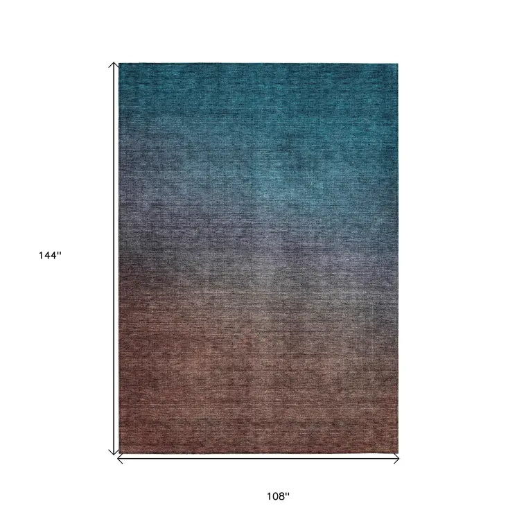 9' X 12' Teal Blue Chocolate And Charcoal Ombre Washable Indoor Outdoor Area Rug