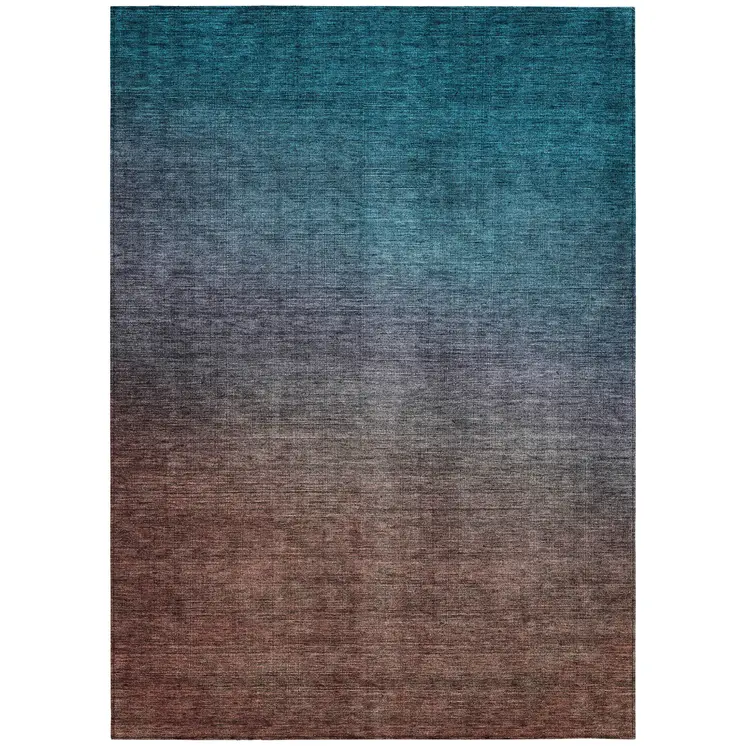 10' X 14' Teal Blue Chocolate And Charcoal Ombre Washable Indoor Outdoor Area Rug