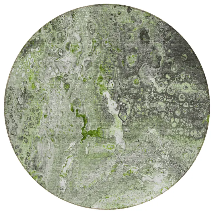8' Artichoke Green And Ivory Round Abstract Washable Indoor Outdoor Area Rug
