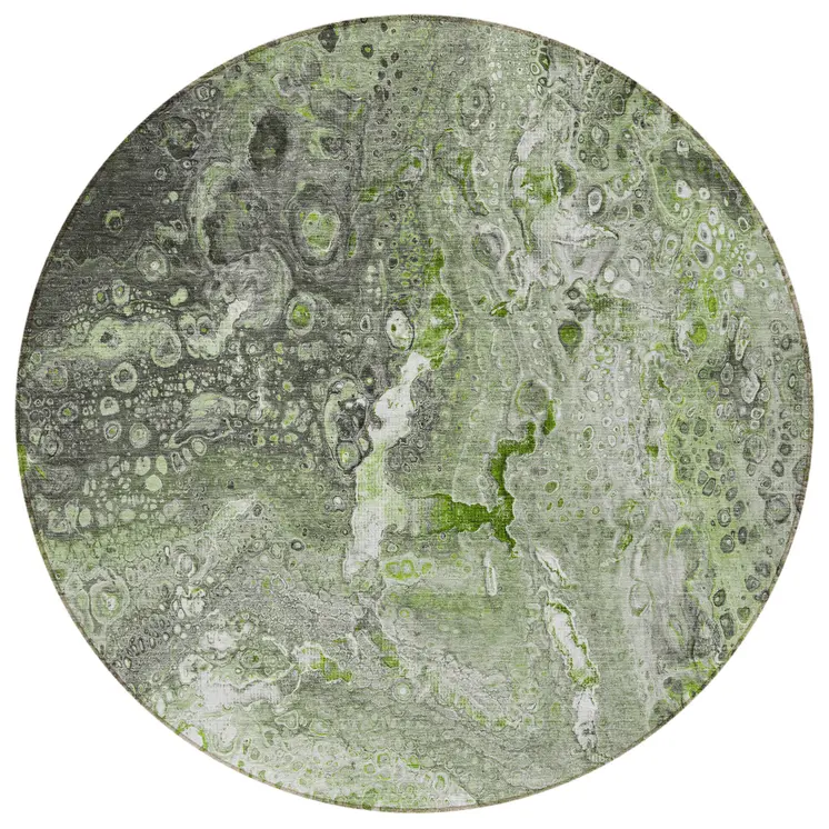 8' Artichoke Green And Ivory Round Abstract Washable Indoor Outdoor Area Rug