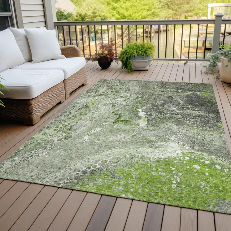 8' X 10' Artichoke Green And Ivory Abstract Washable Indoor Outdoor Area Rug