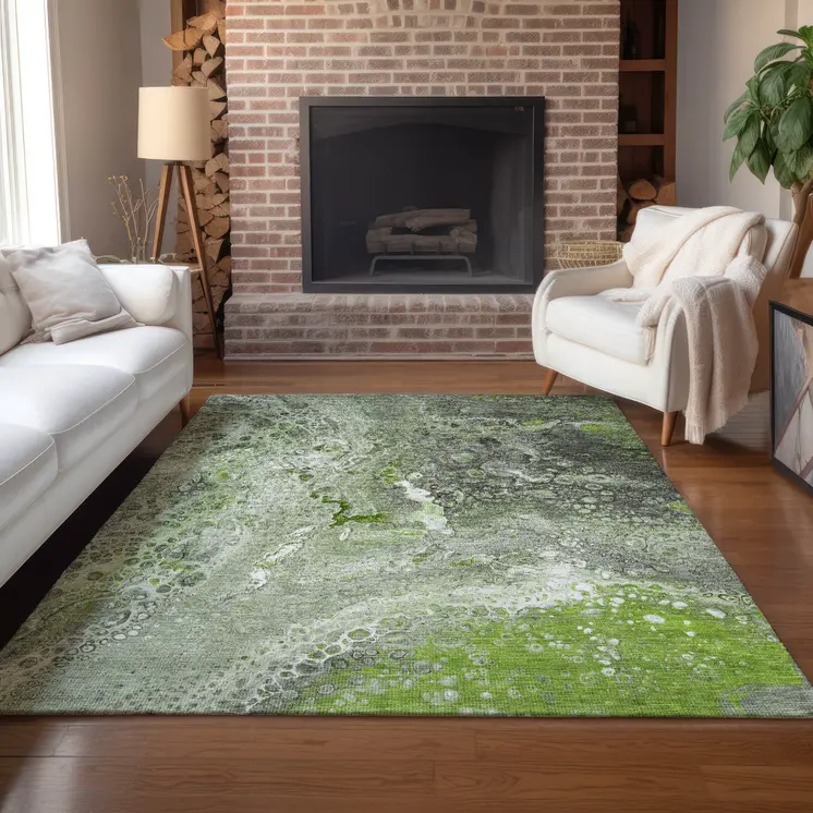 8' X 10' Artichoke Green And Ivory Abstract Washable Indoor Outdoor Area Rug