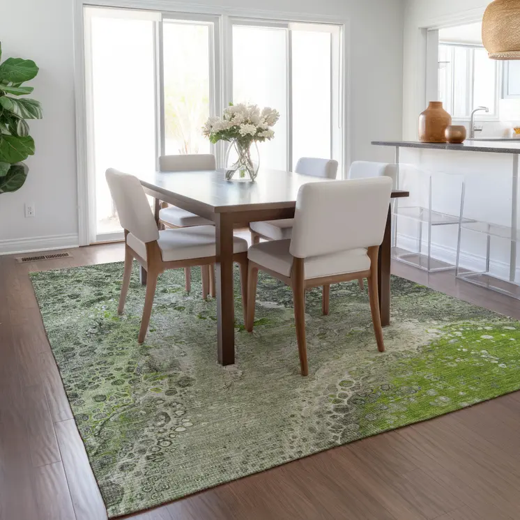 10' X 14' Artichoke Green And Ivory Abstract Washable Indoor Outdoor Area Rug