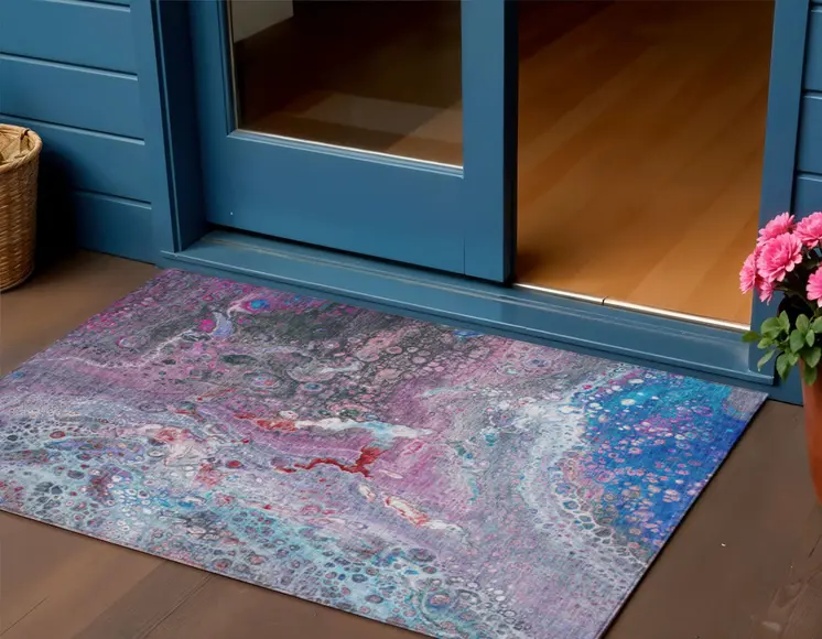 3' X 5' Sky Blue And Purple Abstract Washable Indoor Outdoor Area Rug