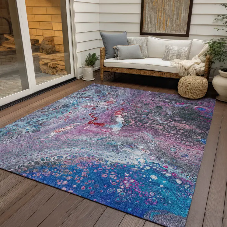 5' X 8' Sky Blue And Purple Abstract Washable Indoor Outdoor Area Rug