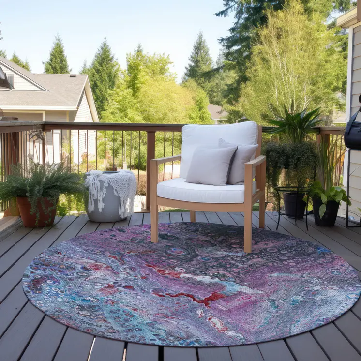 8' Sky Blue And Purple Round Abstract Washable Indoor Outdoor Area Rug