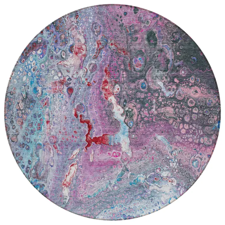 8' Sky Blue And Purple Round Abstract Washable Indoor Outdoor Area Rug