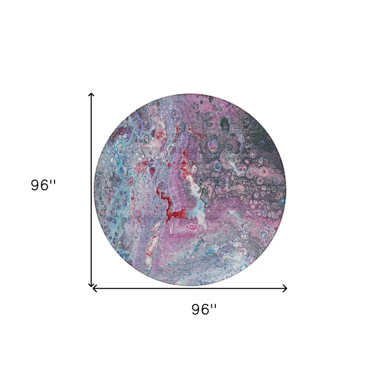 8' Sky Blue And Purple Round Abstract Washable Indoor Outdoor Area Rug