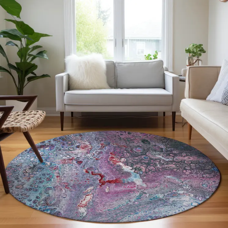 8' Sky Blue And Purple Round Abstract Washable Indoor Outdoor Area Rug