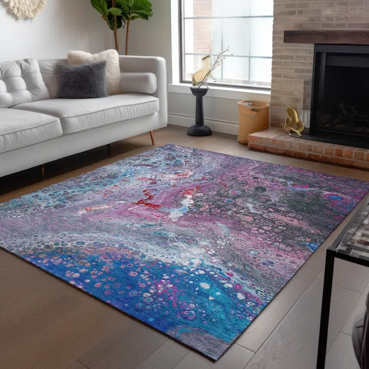 9' X 12' Sky Blue And Purple Abstract Washable Indoor Outdoor Area Rug