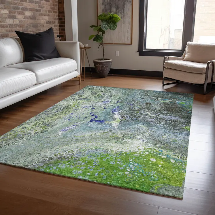 3' X 5' Green And Lime Green Abstract Washable Indoor Outdoor Area Rug