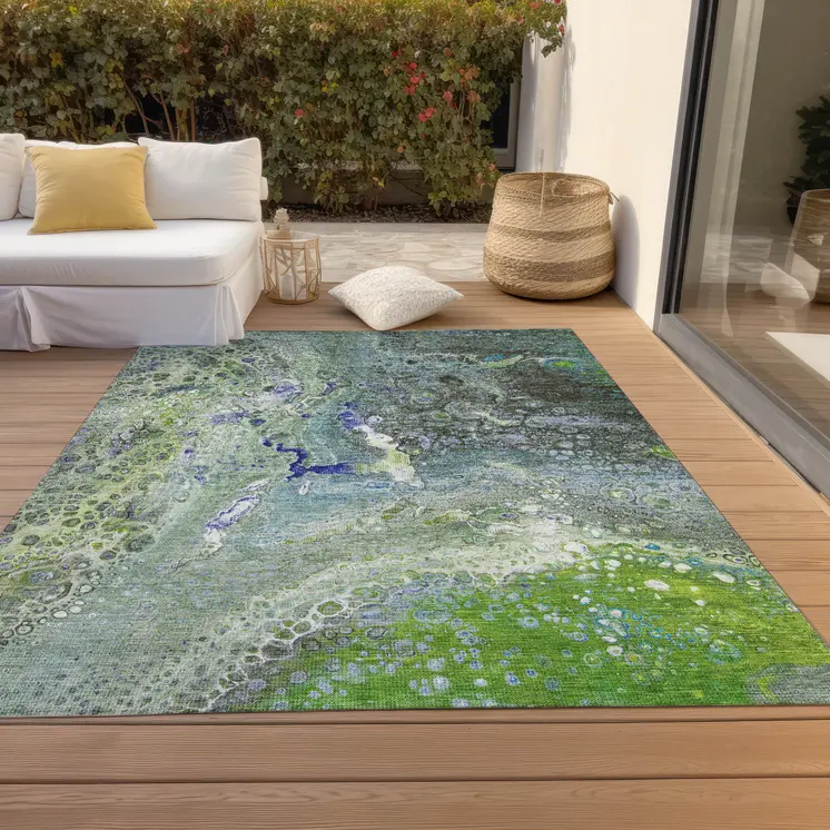 5' X 8' Green And Lime Green Abstract Washable Indoor Outdoor Area Rug