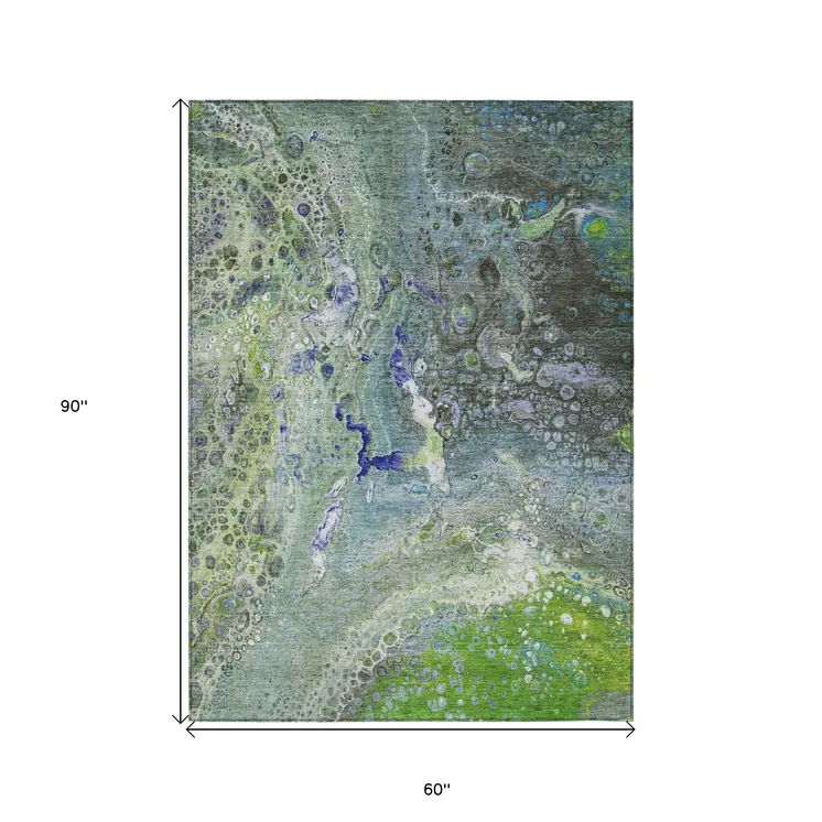 5' X 8' Green And Lime Green Abstract Washable Indoor Outdoor Area Rug