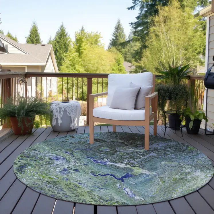 8' Green And Lime Green Round Abstract Washable Indoor Outdoor Area Rug