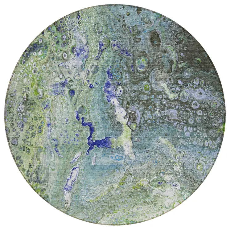 8' Green And Lime Green Round Abstract Washable Indoor Outdoor Area Rug
