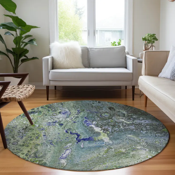 8' Green And Lime Green Round Abstract Washable Indoor Outdoor Area Rug