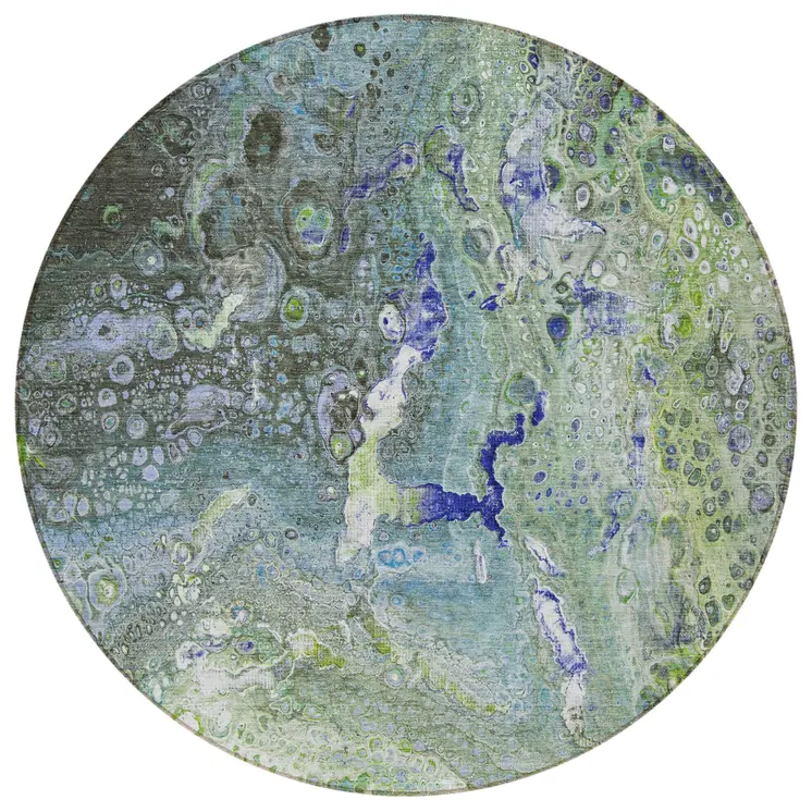 8' Green And Lime Green Round Abstract Washable Indoor Outdoor Area Rug