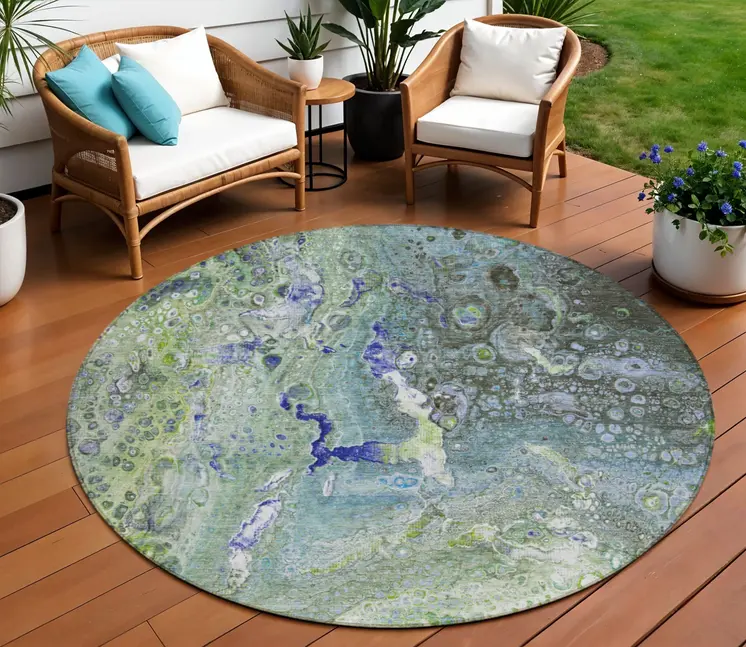 8' Green And Lime Green Round Abstract Washable Indoor Outdoor Area Rug