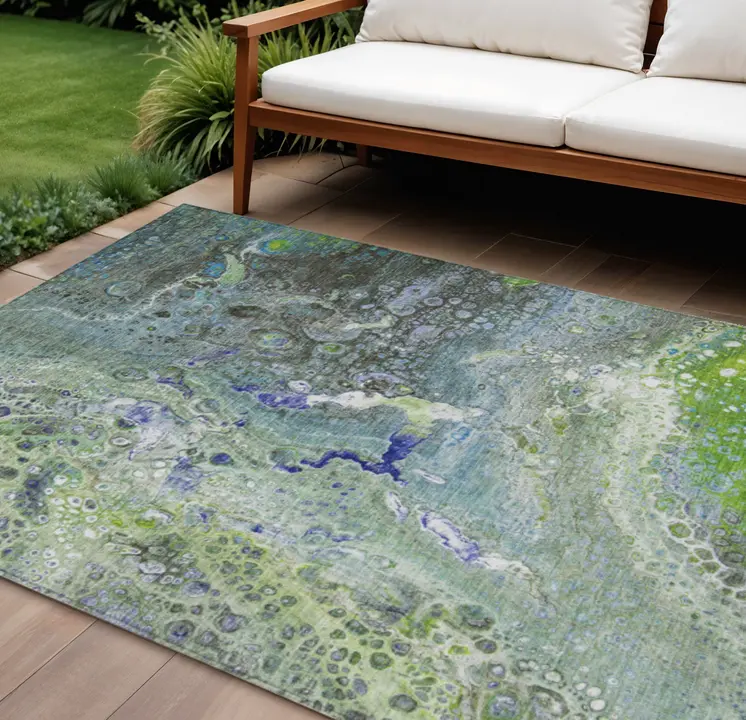 9' X 12' Green And Lime Green Abstract Washable Indoor Outdoor Area Rug